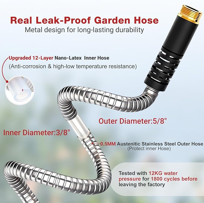 Lefree 50ft Metal Garden Hose - Heavy Duty 304 Stainless Steel Flexible Water Hose, No Kinks & Leak-Proof with Upgraded Handle, 10-Function Spray Nozzle for Balcony, Patio, Small Yard, Car Wash