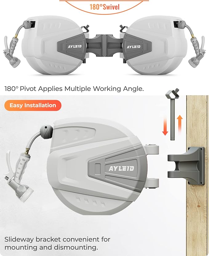 Ayleid Retractable Garden Hose Reel,1/2 in x 65 ft Wall Mounted Hose Reel, with 9- Function Sprayer Nozzle, Any Length Lock/Slow Return System/Wall Mounted/180°Swivel Bracket (Gray)
