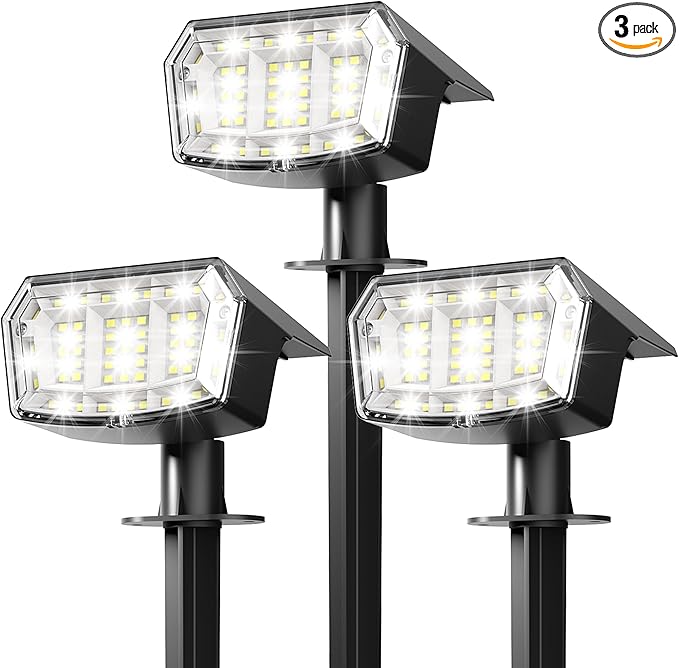 AUDERWIN Solar Lights Outdoor Waterproof IP65, 63 LED 3 Lighting Modes Solar Powered Yard Garden Spot Lights for Outside Landscape- 3 Pack (Cool White)