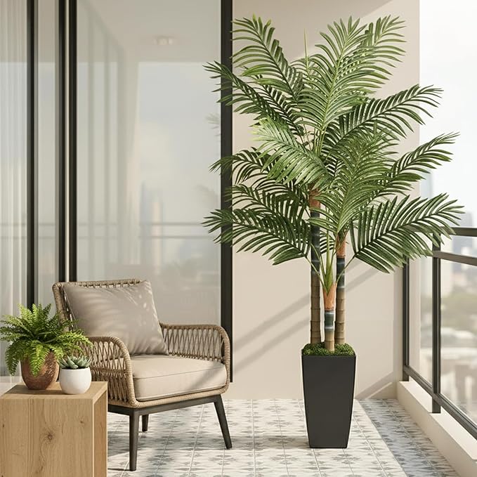 6ft Artificial Palm Tree Indoor Plant，Triple Faux Tropical Areca Floor Plant in Pot，Artificial Plants with Lifelike Leaves for Home Office Decor