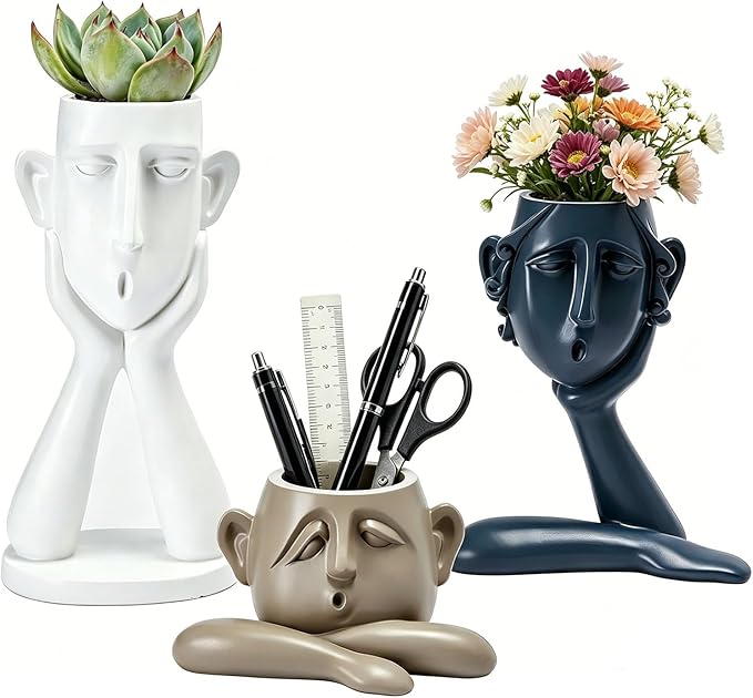 GDYOOSHOW Succulent Pots Statue Decor Crafted Figurines for Home Decor Accents 10.4 inch High, Living Room Bedroom Office Decoration, Buhos Bookself Collection-Plants Not Included (Set of 3)