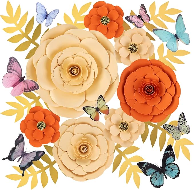 PAPER JAZZ Spring Artifical Paper Flowers Decorations for Wall, Orange Bulletin Board Decorations for Classroom, Flower Window Clings for Wedding Party,Tea,Baby Shower.