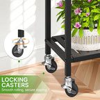 KMOTASUO 2 Tier Black Tall Plant Stand with Wheel for Indoor Outdoor, Heavy Duty Metal Multiple Large Planter Rack for Narrow Corner, Sturdy Iron Vertical Flower Holder for Modern House Patio Bathroom