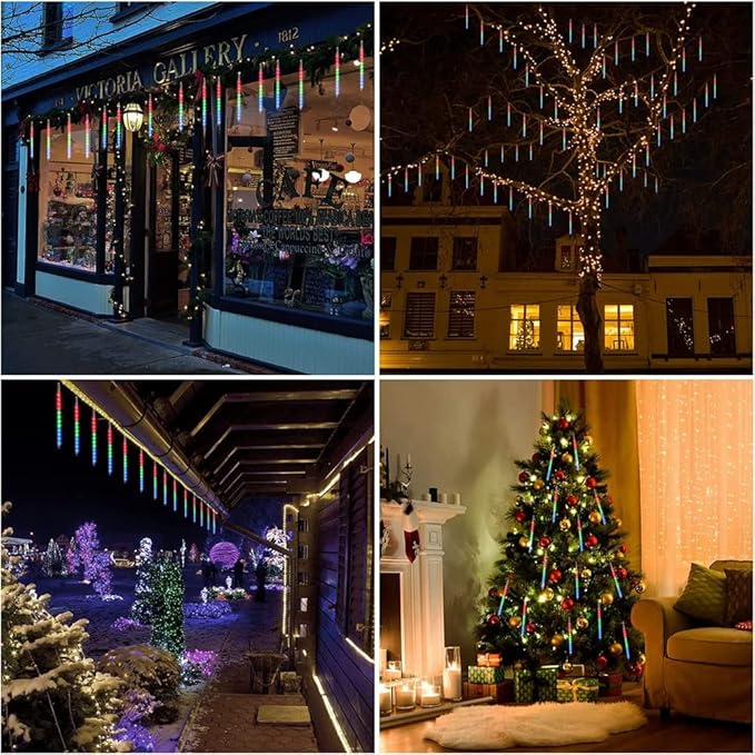 Weepong Meteor Shower Lights UL Certified 192LEDs 8 Tubes Falling Rain Drop Christmas Icicle Cascading Lights for Xmas Tree Halloween Decorations Wedding Party Holiday Garden Decor, Multicolor