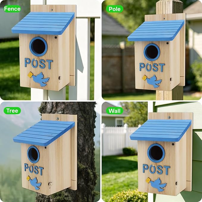 Wooden Bird Houses Bird House for Outside, Blue Wood Mailbox Bird House for Outdoors, Entrance Hole Bird House for Garden Blue Bird Hummingbird Wren Cardinal Swallow Sparrow Finch