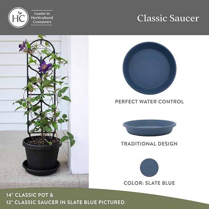 The HC Companies Flower Pot Saucers - Plastic Plant Saucer for Outdoors & Indoors - Traditional Design Plant Pot Trays for Water Drainage - Durable & Stylish Round Plant Tray (12-inch Slate Blue)