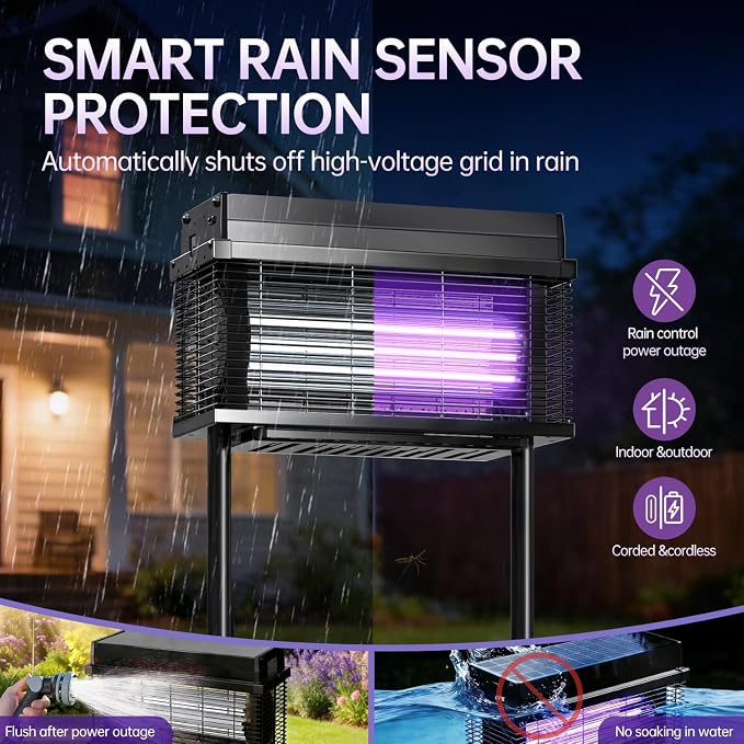Solar Bug Zapper Outdoor, Purple UV Mosquito Zapper with Smart Rain Off Rechargeable Mosquito Killer Lamp, Wireless Solar Powered Fly Trap for Yard Patio RV (Black)
