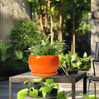 SQOWL Ceramic Planter - 10 Inch Plant Pot with Drainage Hole and Saucer, Round Modern Planter for Indoor Outdoor Plants, Decorative Large Flower Pot, House Decor, Gifts for Women Men, Orange