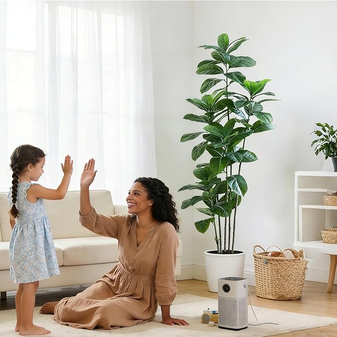 Ficus Tree Artificial Plants Indoor, 6FT Tall Fake Trees in White Pot, Large Potted Silk Floor Plant Artificial Trees, Green Lifelike Faux Ficus Tree for Home Room Office Porch Decor-Green