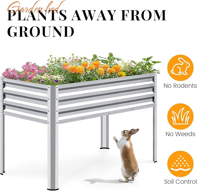 KING BIRD Large Raised Garden Bed with Legs Galvanized Elevated Planter Box 48×24×32 in for Backyard, Patio, Balcony, 400lb Capacity, Silver 2pcs