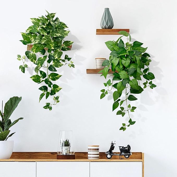 Artificial Hanging Plants with White Pots –2 Pack Fake Pothos Potted Plants Faux Ivy Vines 23.6‘’, Realistic Greenery Hanging Fakeplants Indoor for Home Decor, Bedroom, Bathroom, Office, Living Room