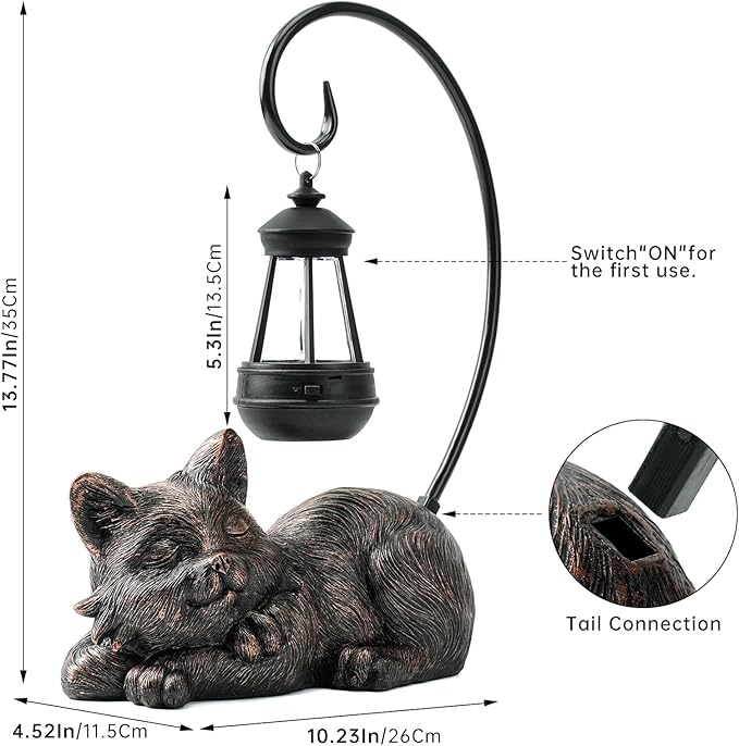 WSgift Outdoor Cat Figurine Garden Statue with Solar-Powered LED Light 13.77 Inches Tall, Gift Garden Statue Decor for Cat Lovers