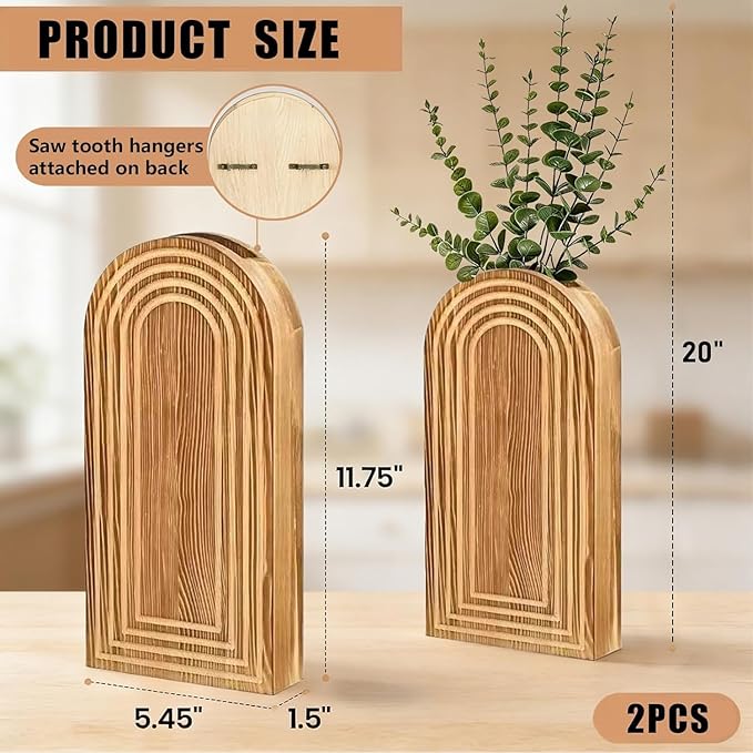 2 Pack Wooden Wall Vase Set, Hanging Planter For Indoor Plants & Flowers, Brown Finish Modern Farmhouse & Wall Decor For Entryway For Living Room Bedroom Bathroom Patio
