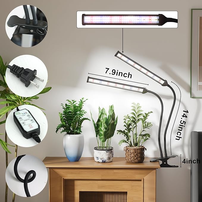 GooingTop Grow Light LED Gooseneck Lamp,Dual-Head White Full Spectrum 148 LED Plant Lamp with Red Blue Light Clip-on Desk for Indoor Plants Growing,Diming & Auto Timer,Super Bright