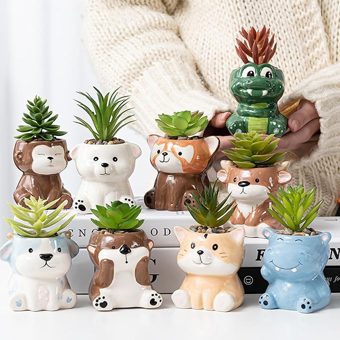 DIYOMR Cute Animals Planter, Mini Ceramic Cartoon Animal Shaped Succulent Flower Pot Indoor Air Plants Holder, Smooth Shiny Decorative Flower Cactus Planter - Plants Not Included (Groundhog)