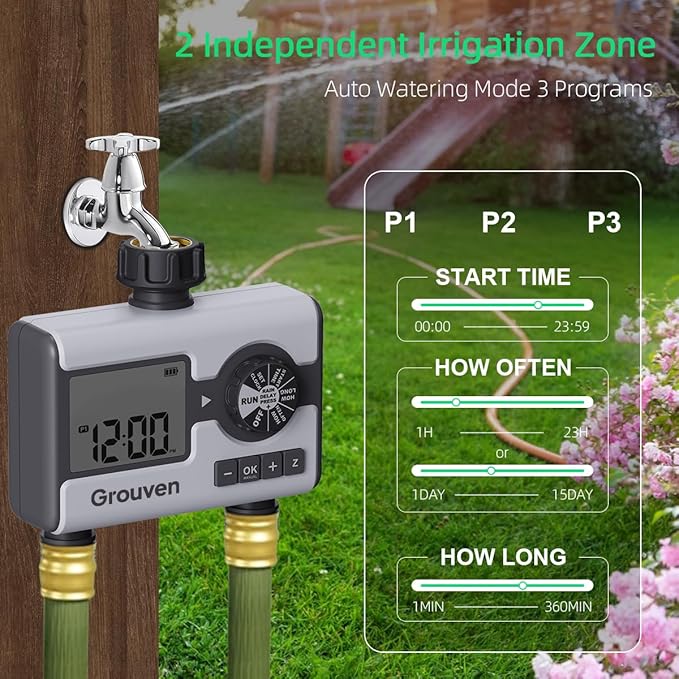 Water Timer for Garden Sprinkler Hose Timer with Rain Delay, Manual, Automatic Watering System Programmable，2 Outlet