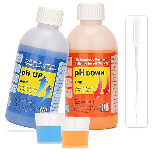 Hydroponics pH Control Kit pH Up and Down Control Set (2 x 250ml Bottles) Accurate PH Level Adjustment for Hydroponics, Aquaponics, DWC, Indoor & Outdoor Growing