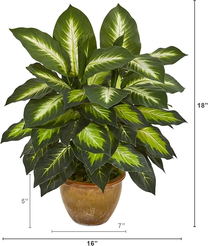Nearly Natural Artificial Dieffenbachia Plant Faux Greenery in Ceramic Planter for Indoor Home Decor