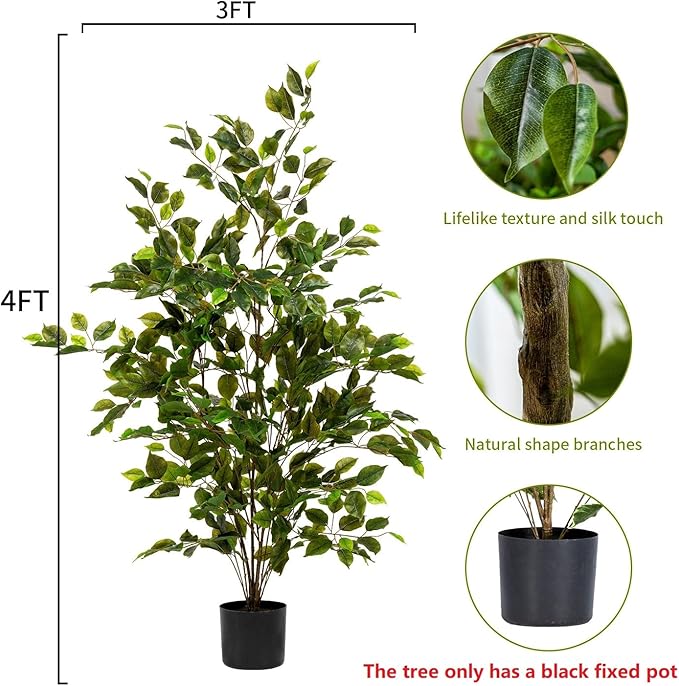 Bailikang Artificial Ficus Tree Indoor 4ft, Large Potted Faux Tree with Realistic Silk Leaves & Trunk for Home Office, Living Room Corner Decor