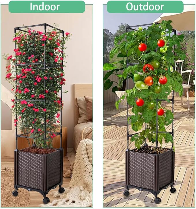 Raised Garden Bed with Tomato Cage & Trellis, 56" Self-Watering Tomato Planter Box for Vegetables Flowers | Lockable Wheels, Vertical Gardening | Indoor Outdoor Patio Use, Easy Assembly