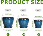 Plant Pots Indoor, Ceramic Planters Pots with Drainage Holes and Saucers, 10+8+6 Inch, Set of 3, Round Large Flower Pots for Indoor Outdoor Plants, Blue