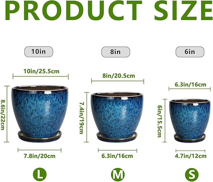 Plant Pots Indoor, Ceramic Planters Pots with Drainage Holes and Saucers, 10+8+6 Inch, Set of 3, Round Large Flower Pots for Indoor Outdoor Plants, Blue