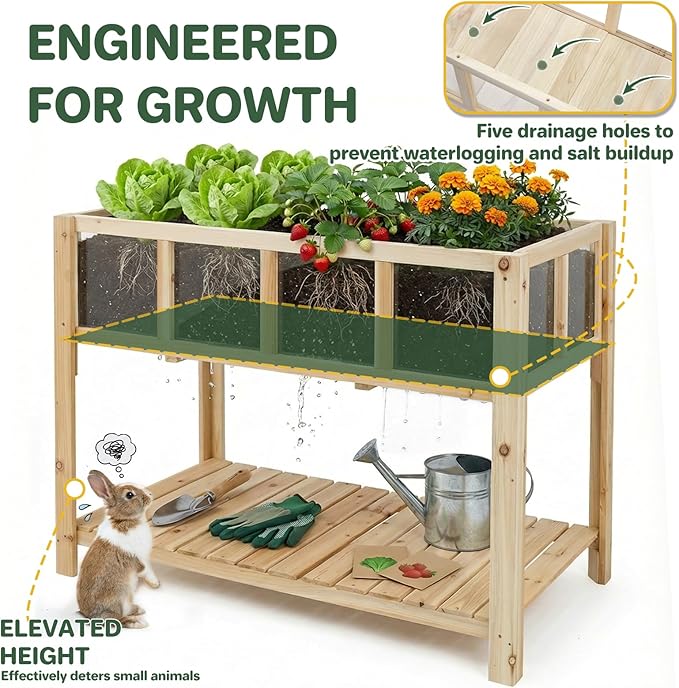 Raised Garden Bed Outdoor with Shelf, 43.7''x23.2''x30.7''Wood Planter Box with Transparent Window, Drainage Holes, Liner, Garden Beds Flower Stand for Balcony Kitchen, Gift for Gardening