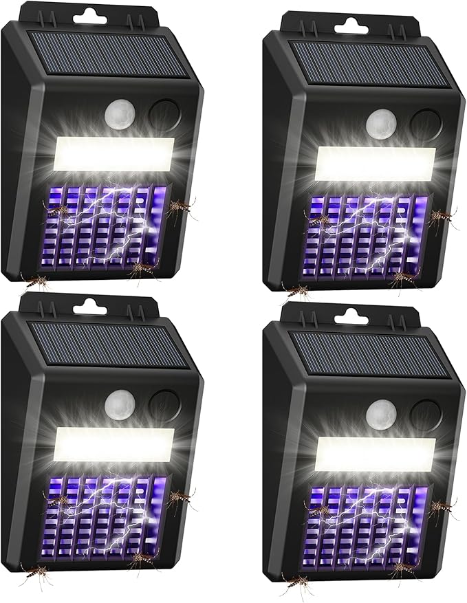 4 Pack of Solar Bug Zapper Outdoor & Mosquito Light - 1000V Electric Bug Trap, Solar-Powered Fly Killer with Motion Sensor, Waterproof & Cordless