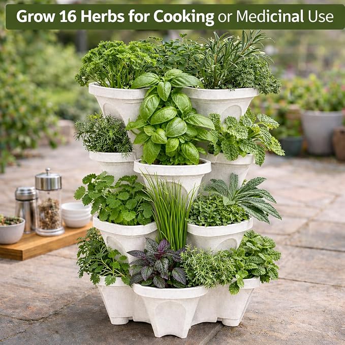 Vertical Garden Planter 4 Tier Stackable System 16 Plants, Space Saving Herb, Strawberry & Food Crop Planter with Center Support Hole for Indoor Outdoor Gardening (4, Stone, Large)