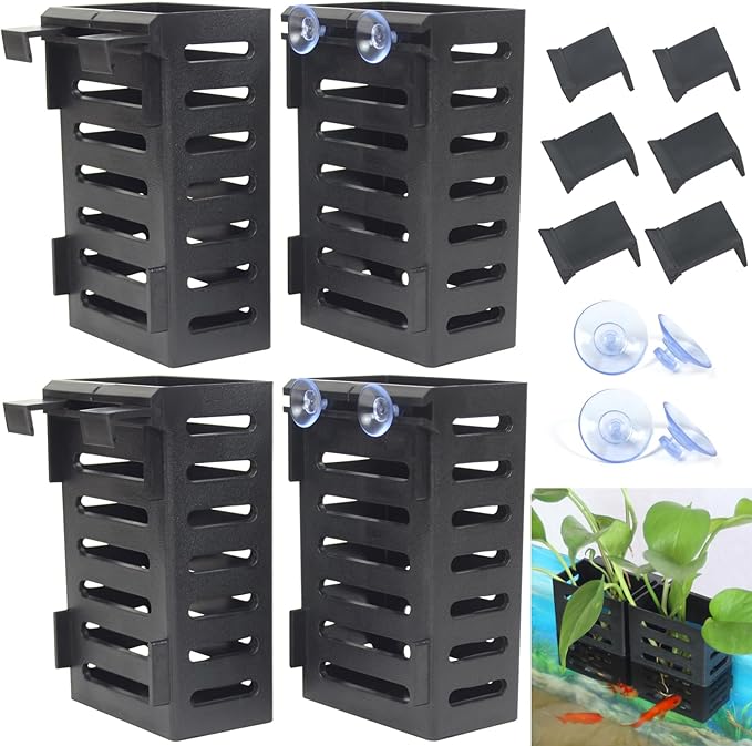 4 Pcs Aquarium Plant Holder, Fish Tank Plant Holder with Hooks and Suction Cups, Aquarium Planter Cups for Emersed Plants, Suitable for Aquatic Plant Cultivation and Water Feature Decoration.