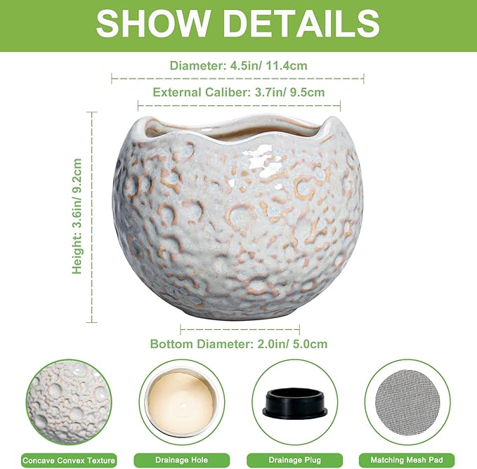 4 Inch Plant Pots - Ceramic Flower Pot for Indoor Outdoor Plants, Small Plant Pot with Drainage Hole and Plug, Round Planter, Unique Plant Pots, Home Decor, Gardening Gifts for Women, Grey