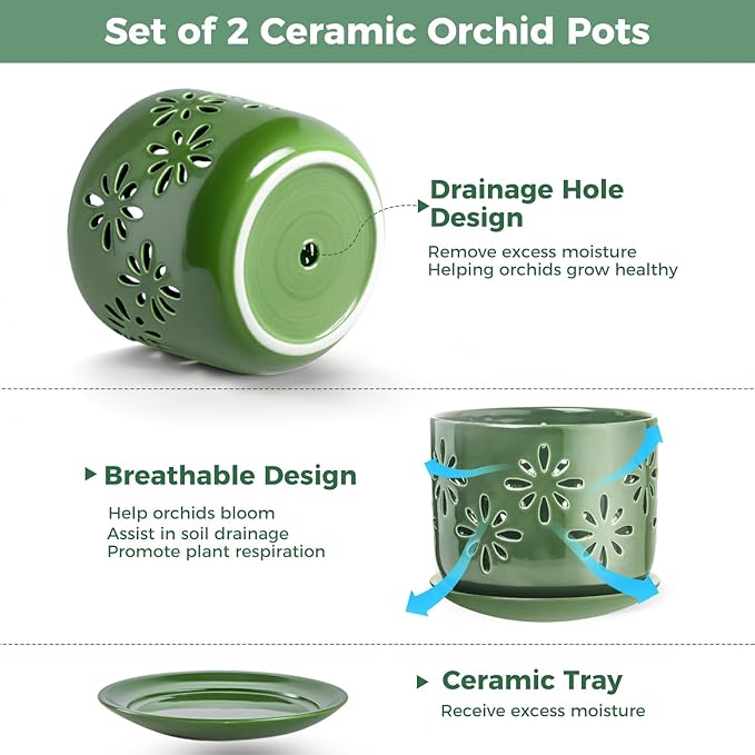 6+5 Inch Orchid Pots with Holes, Ceramic Orchid Pots for Repotting, Healthy Air Circulation Plant Pots for Plant Lovers, Planters for Indoor Plants -2 Pack