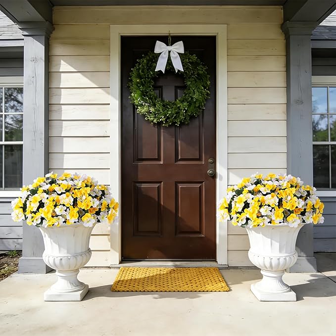 INXUGAO Artificial Hanging Flowers with Basket for Outdoor, Fake Hydrangea UV Resistant Arrangements in Pot Planter Spring Summer Decor for Porch Garden Yard(Yellow White)