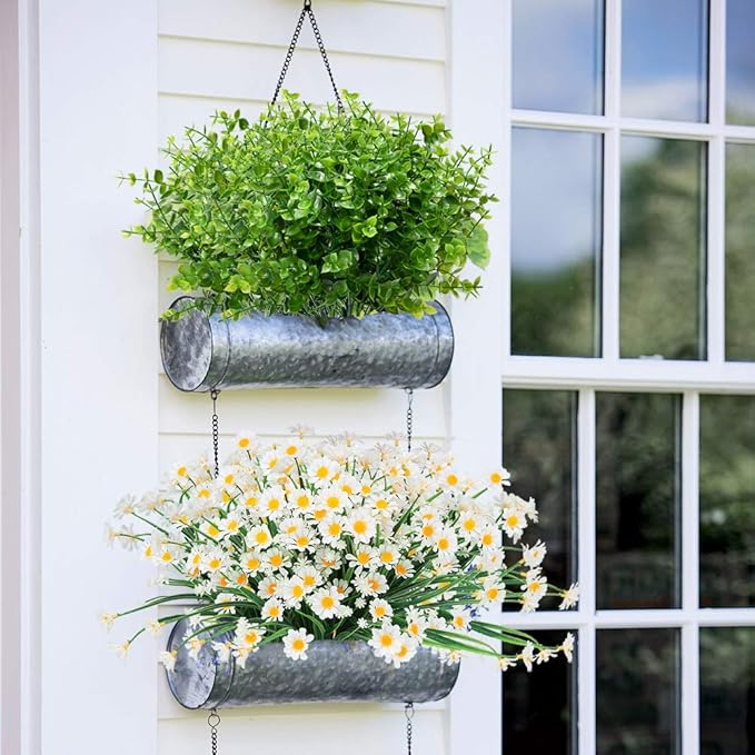 24 Bundles Outdoor Artificial Boxwood UV Resistant Fake Stems Plants, Faux Plastic Greenery for Indoor Outside Hanging Plants Garden Porch Window Box Home Wedding Farmhouse Décor