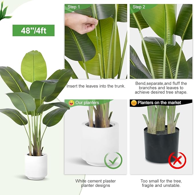 Artificial Bird of Paradise Plant 4Ft Tall Fake Tropical Palm Tree Large Fake Plants with 9 Silk Banana Leaves Faux Plant Indoor Decor Trees with White Pot for Home Bedroom Living Room Office