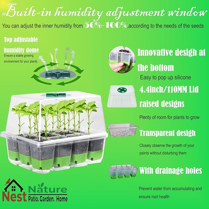 5-Pack Flexible Germination Trays,Reusable 60Cell Seed Starter Trays With Humidity Dome & Lids , Flexible Pop-Out Design, BPA-Free Silicone Seedling Kit & Dishwasher Safe for Herbs/Vegetables/Flowers