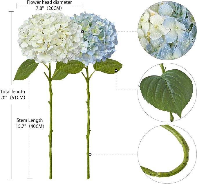 ZYTUYO 2PCS White & 2PCS 20" Light Blue Hydrangea Artificial Flowers Real Touch Faux Hydrangeas with Long Stem for Spring Home Decor Baby Shower Floral Arrangement Kitchen Party Wedding Xmas Decor