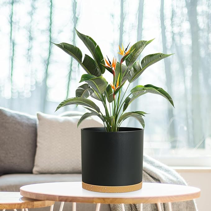 WSMKSZ 8 Inch Cylinder Plant Pots for Indoor Outdoor Plants, Medium Deep Flower Pots with Drainage Holes & Saucer, Decorative Plastic Planter Pots for Garden House Plants, Black with Brown