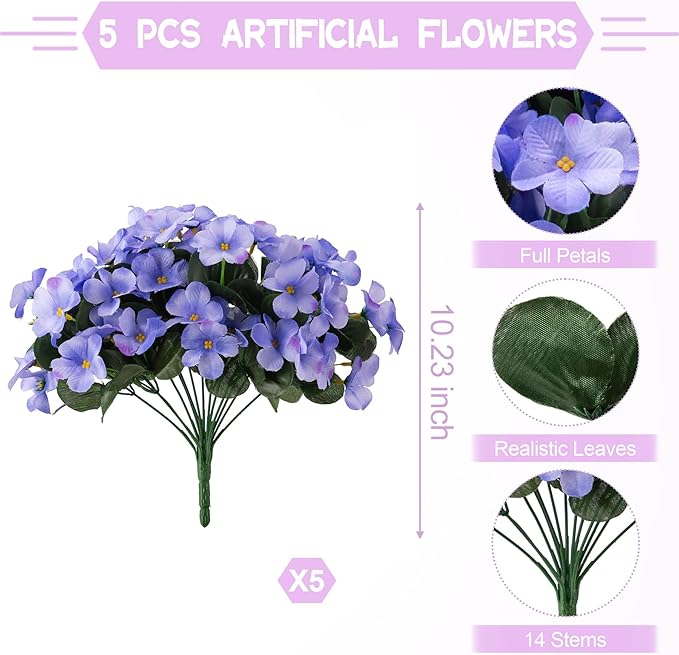 INXUGAO Artificial Flowers for Outdoors Decoration, 5 Bundles Faux Hydrangea UV Resistant Fake Arrangements Plants for Indoor Outside Garden Front Porch Spring Summer Decor, Blue