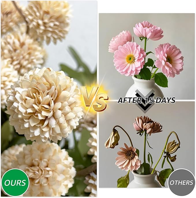 10 Pcs Artificial Flowers Pompon Mum Fake Flowers, Faux Small Mini Chrysanthemum Flowers, Realistic Faux Flowers for Room Decor Aesthetic, Living Room Farmhouse House Decor, Beige