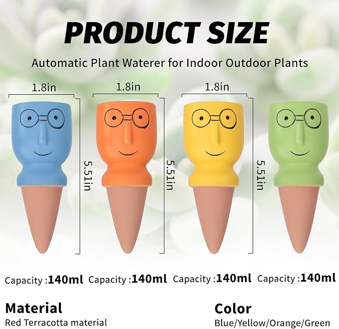 Terracotta Self Watering Spikes, 4 Pack Self Watering Planter Insert, Vacation Plant Slow Release Watering Devices for Indoor Outdoor Plants, Big Head