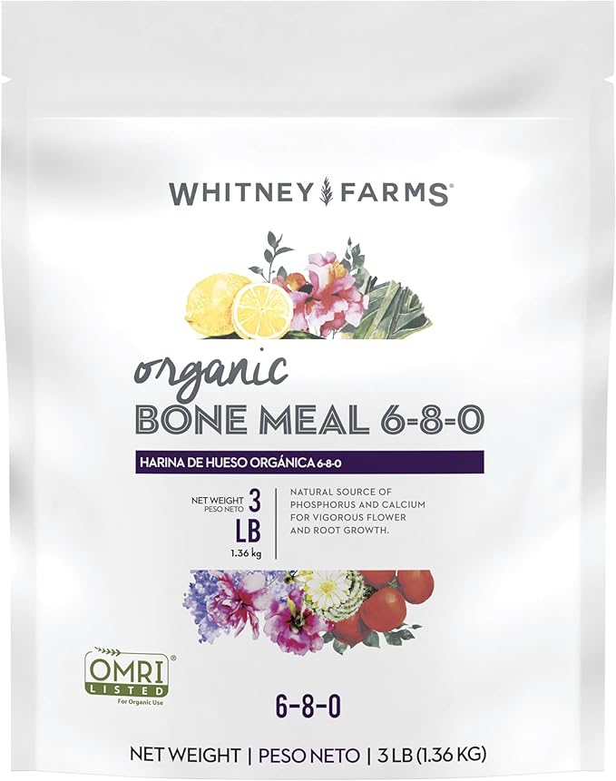 Whitney Farms Organic Bone Meal 6-8-0 - Phosphorus Plant Fertilizer for Root Growth in Bulbs, Roses, Flowers, Vegetables, and Shrubs, 3 lb.