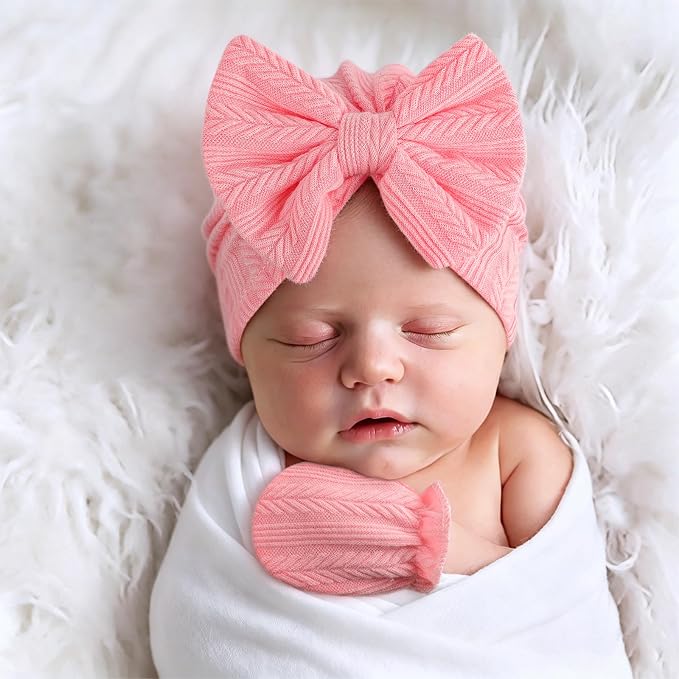 BQUBO Baby Turban Hats and Mittens Set Newborn Infant Hospital Hats Caps with Bows for Baby Boys Girls 0-12 Months