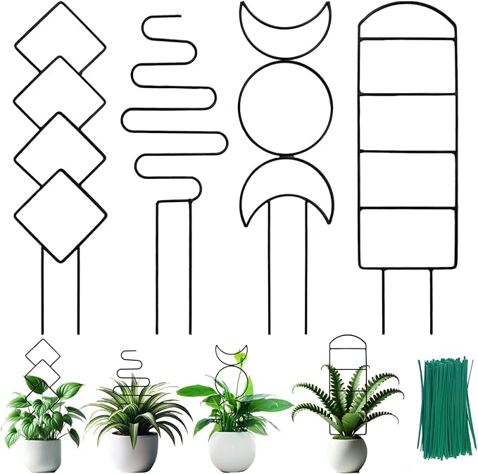 4 Packs Trellis for Climbing Plants Indoor, HENABLE Small Garden Metal Trellis for Potted Plants Outdoor for Vine Ivy Flower Plant Support, 4 Different Black Iron Patterns