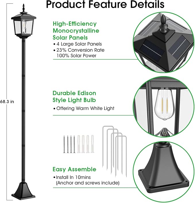 68" Solar Lamp Post Lights Outdoor,2-Pack 2700K Dusk to Dawn Solar Light Posts,Waterproof Outdoor Lights for Garden, Patio, Lawn, Pathway, Driveway, Front Porch Decor(Warm White)