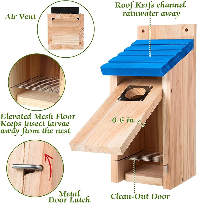 Dreyoo 2 Pack Bluebird Box Houses for Outside,1-1/2'' Entrance Hole Wooden Bird Houses with Metal Guard, Secure Latch,Fledgling Grooves,Air Vents for Bluebird Wren Swallow(Blue Roof, Wood Body)