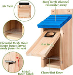 Dreyoo 2 Pack Bluebird Box Houses for Outside,1-1/2'' Entrance Hole Wooden Bird Houses with Metal Guard, Secure Latch,Fledgling Grooves,Air Vents for Bluebird Wren Swallow(Blue Roof, Wood Body)
