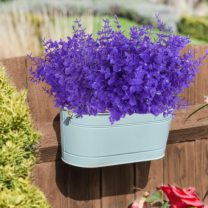 RECUTMS Artificial Plants Outdoor Artificial Ferns for Outdoors Purple Plants Outside Plastic Flowers for Outdoor Artificial Boxwood Greenery Fake Plants for Window Box(Pure Purple Eucalyptus)