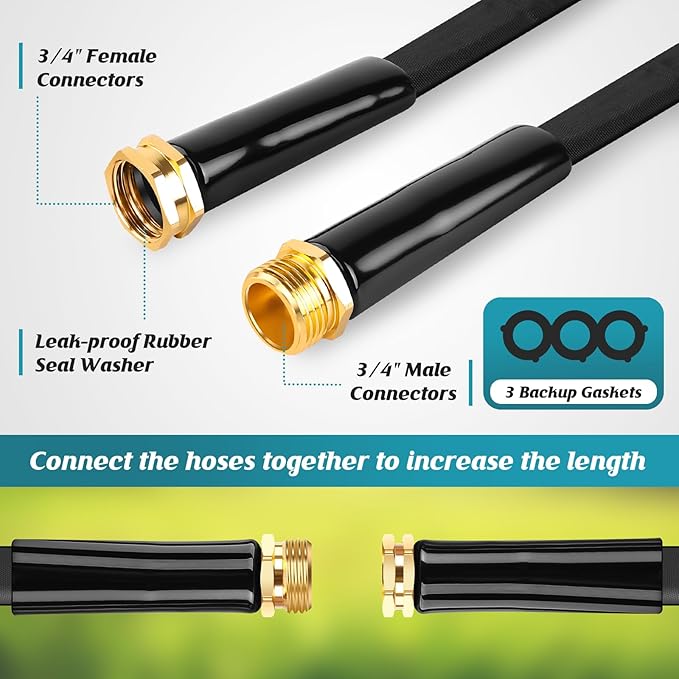 Garden Hose 100ft, 3/4" GHT Non-Expanding Water Hose Lightweight, Flexible Garden Hose with 10 Function Nozzle, Kink-Free, Sturdy, High-Pressure, Abrasion Resistant Hoses for Yard, Garden