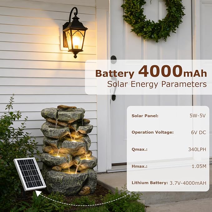 Solar Water Fountain Outdoor Garden,5 Tiered Cascading Rock Solar Powered Water Fountain Water Fall Fountains Outside with Lights for Backyard, Patio, Deck, Porch, 19.3" H x 12.2" L x 9.5" W